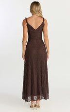 Abby Midi Dress - High Neck Asym Detail Dress in Chocolate