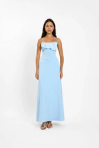 Pre-order: Frill Backless Maxi Dress | Baby Blue Satin