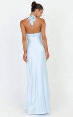 Flynn Maxi Dress - Satin Halter Sweetheart Neck Dress in Blue