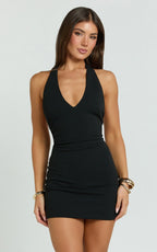 Feliz Mini Dress - Plunge Halter Low Back Dress in Black