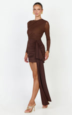 Jasmine Mini Dress - Long Sleeve Draped Skirt Overlay Dress in Chocolate