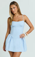 Elliot Mini Dress - Scoop Neck Fit And Flare Dress in Pale Blue