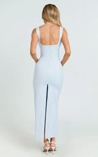 Benita Midi Dress - Scoop Neck Ruched Fitted Dress in Blue