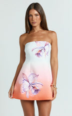 Elouise Mini Dress - Strapless Princess Panel A Line Dress in Orchid Ombre Print