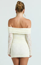 Jensen Mini Dress - Off Shoulder Stretch Lace Bodycon Dress in Cream