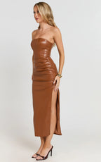 Orlando Midi Dress - Faux Leather Strapless Draped Waist Dress in Camel