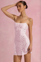 Sheer Embellished Square-Neck Mini Dress in Pink
