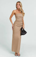 Jamie Maxi Dress - Strapless Ruched Fitted Column Dress in Mocha