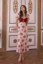 Rose Lace Floral Midi Dress in Pink