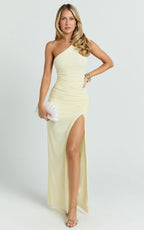 Georgia Maxi Dress - Mesh One Shoulder Ruched Bodycon Dress in Lemon