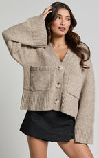 Becka Cardigan - Oversized Recycled Knitted Button Through Cardigan in Biscuit
