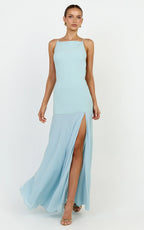 Ayla Maxi Dress - High Neckline Contrast Georgette Skirt Dress in Blue