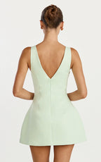 Raquelle Mini Dress - Boucle Boat Neck V Back Fit and Flare Dress in Pistachio