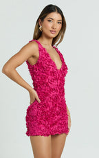 Viola Mini Dress - 3D Floral Plunge Neck Dress in Pink