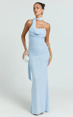Larson Maxi Dress - Asymmetric Tie Neck Column Dress in Pale Blue