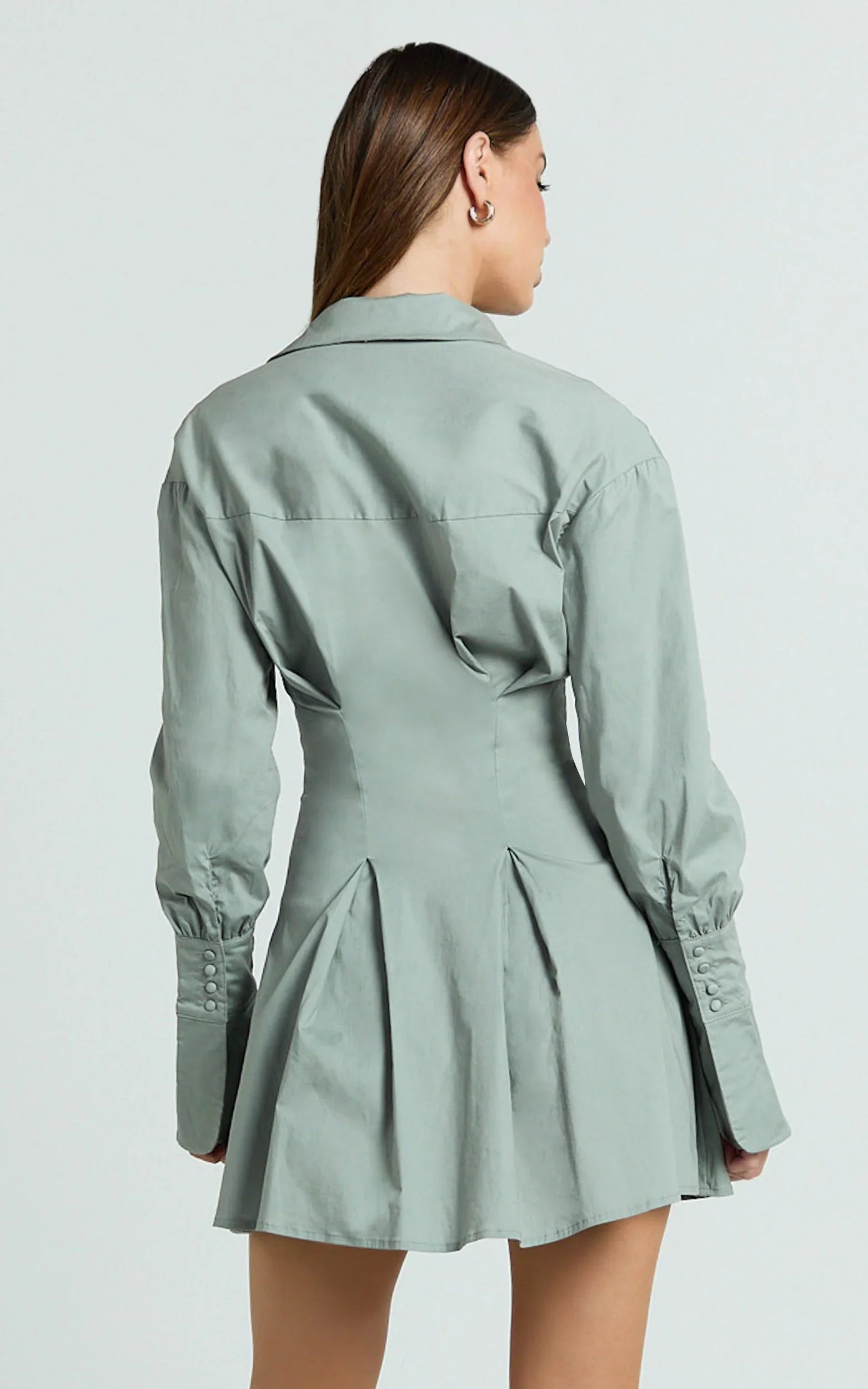 Yasmina Mini Dress - Button Front Long Sleeve Fit And Flare Dress in Sage