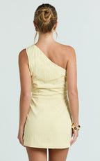 Finn Mini Dress - One Shoulder Gathered Bodice Dress in Lemon