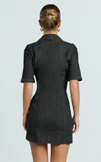 Tessie Mini Dress - Zip Front Collared Denim Mini Dress in Black