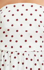 Polly Midi Dress - Strapless Ruched Dress in Red Polka Dot