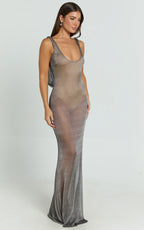 Yelena Maxi Dress - Plunge Glitter Jersey Bodycon Dress in Charcoal