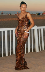 Hilary Maxi Dress - Sheer Cowl Neck Slip Dress in Leopard