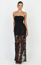 Lima Maxi Dress - Strapless Floral Embellished Column Dress in Black