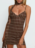 Love Unknown Scarf Tie Mini Dress Brown Check
