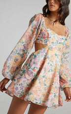 Ebonee Mini Dress - Puff Sleeve Cut Out Dress in Flower Crown