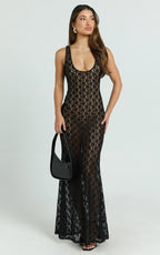 Wanda Maxi Dress - Lace Scoop Neck Low Back Bodycon Dress in Black