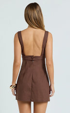 Sienna Mini Dress - Square Neck A Line Dress in Chocolate