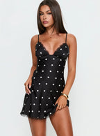 Margareta Lace Trim Mini Dress Black / White Polka Dot