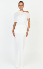 Nami Maxi Dress - Overlay Off Shoulder Draped Cowl Waist Dress in White