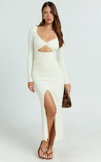 Delaney Midi Dress - Long Sleeve Twist Front Bodycon Dress in Cream