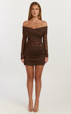 Juliet Mini Dress - Off Shoulder Lace Contrast Bodycon Dress in Choc