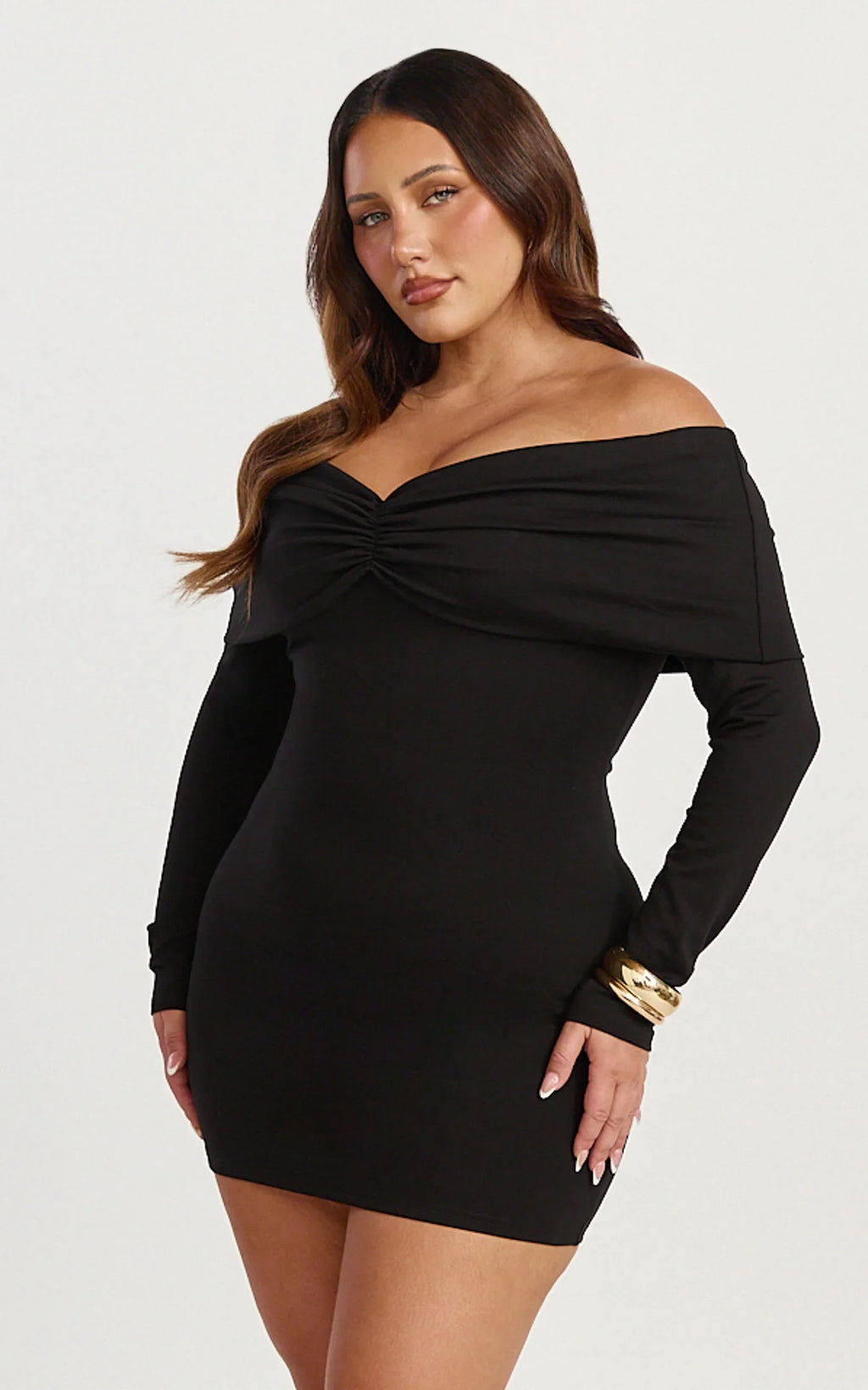 Rani Mini Dress - Off Shoulder Long Sleeve Bodycon Dress in Black