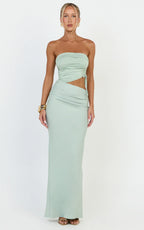 Fergie Maxi Dress - Strapless Side Ruched Cut Out Fitted Dress in Sage