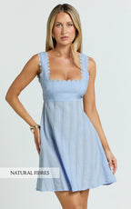 Suzannah Mini Dress - Square Neck Fit And Flare Dress in Blue