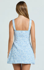 Vivian Mini Dress - Square Neck A Line Dress in Blue