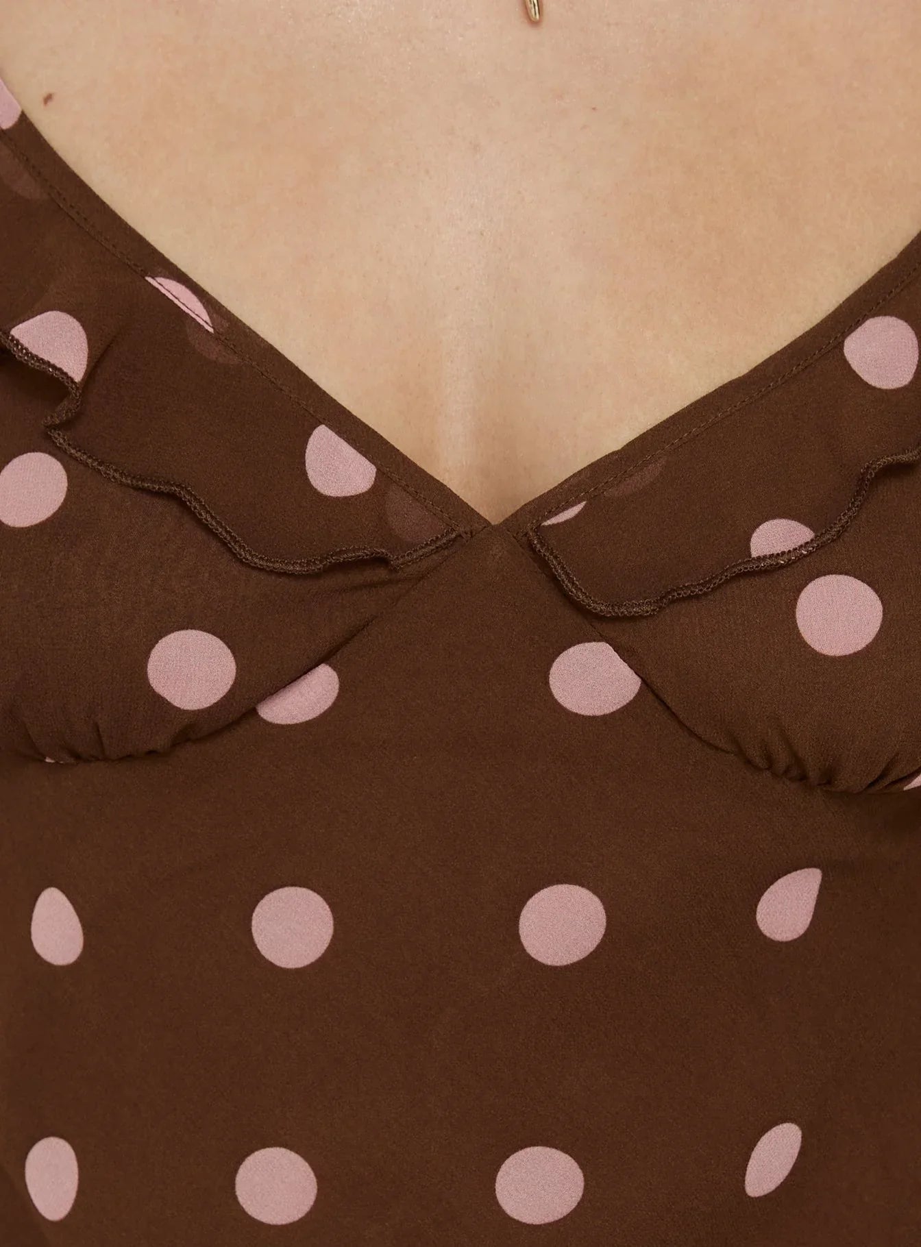 Lozie Frill V Neck Mini Dress Brown Polka Dot