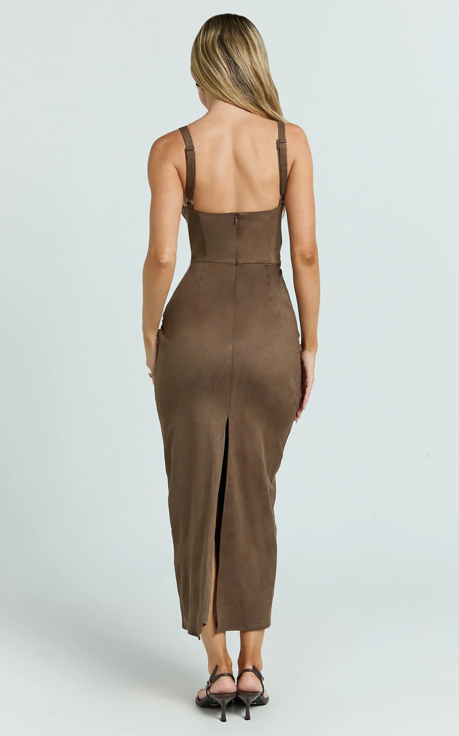 Desi Midi Dress - Spaghetti Strap V Neck Front Leg Split Dress in Chocolate