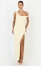 Rina Maxi Dress - Off Shoulder High Split Dress in Lemon