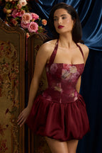 Halterneck Lace-Up Bubble Hem Mini Dress in Maroon Floral Print