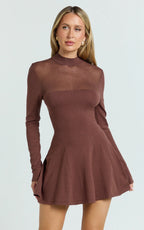 Camilla Mini Dress - Turtle Neck Fit And Flare Sheer Contrast Knit Dress in Chocolate
