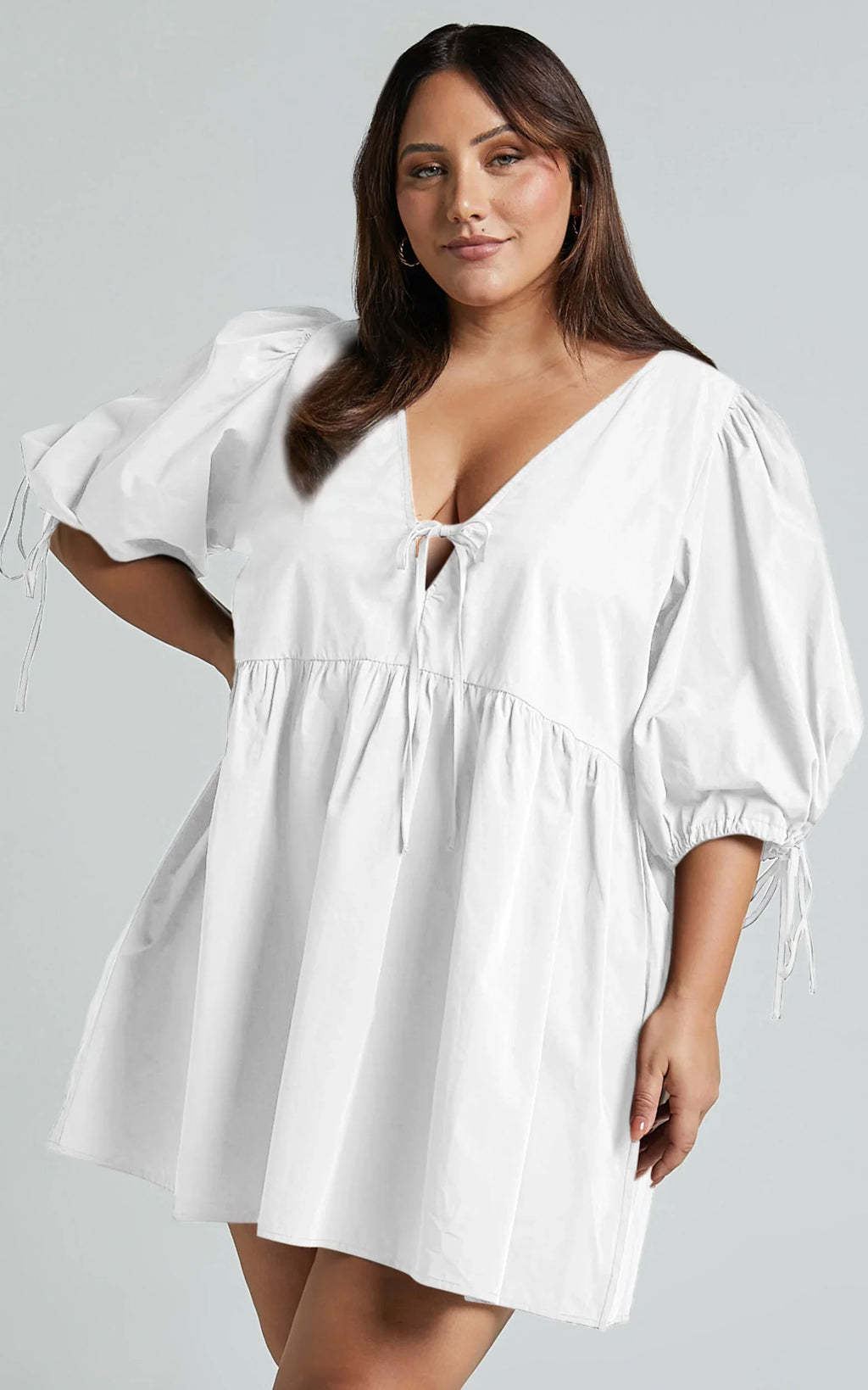 Rosita Mini Dress - Tie Front Puff Sleeve Dress in White