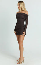 Clyde Mini Dress - Mesh Off Shoulder Ruched Bodycon Dress in Chocolate