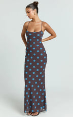 Krishna Maxi Dress - Strappy Scoop Neck Floral Placement Print Georgette Dress in Polka Dot Print