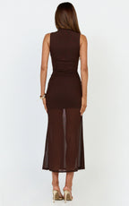 Jaimae Midi Dress - High Neck Side Knot Detail Mesh Dress in Chocolate