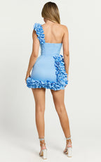 Amalie The Label - Valencia One Shoulder Ruffle Detail Mini Dress - In Sky Blue