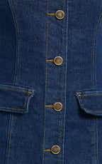 Valentina Mini Dress - Square Neck Button Down Denim Dress in Dark Blue Wash