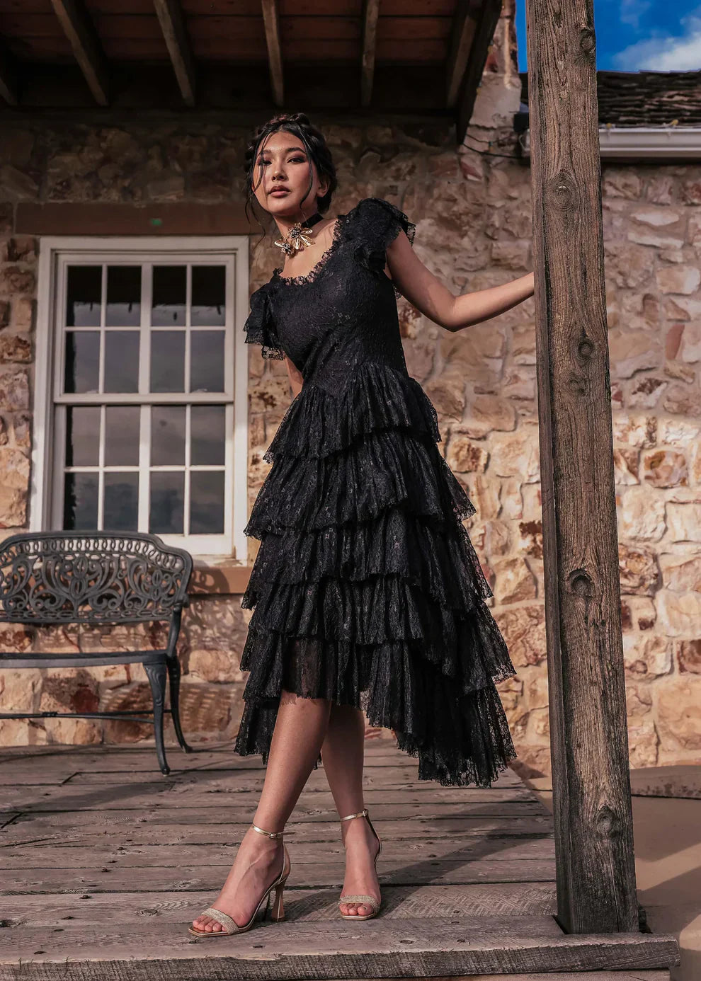 Romantic Ruffle Tiered Lace Midi Dress – Burgundy / Apricot / Black